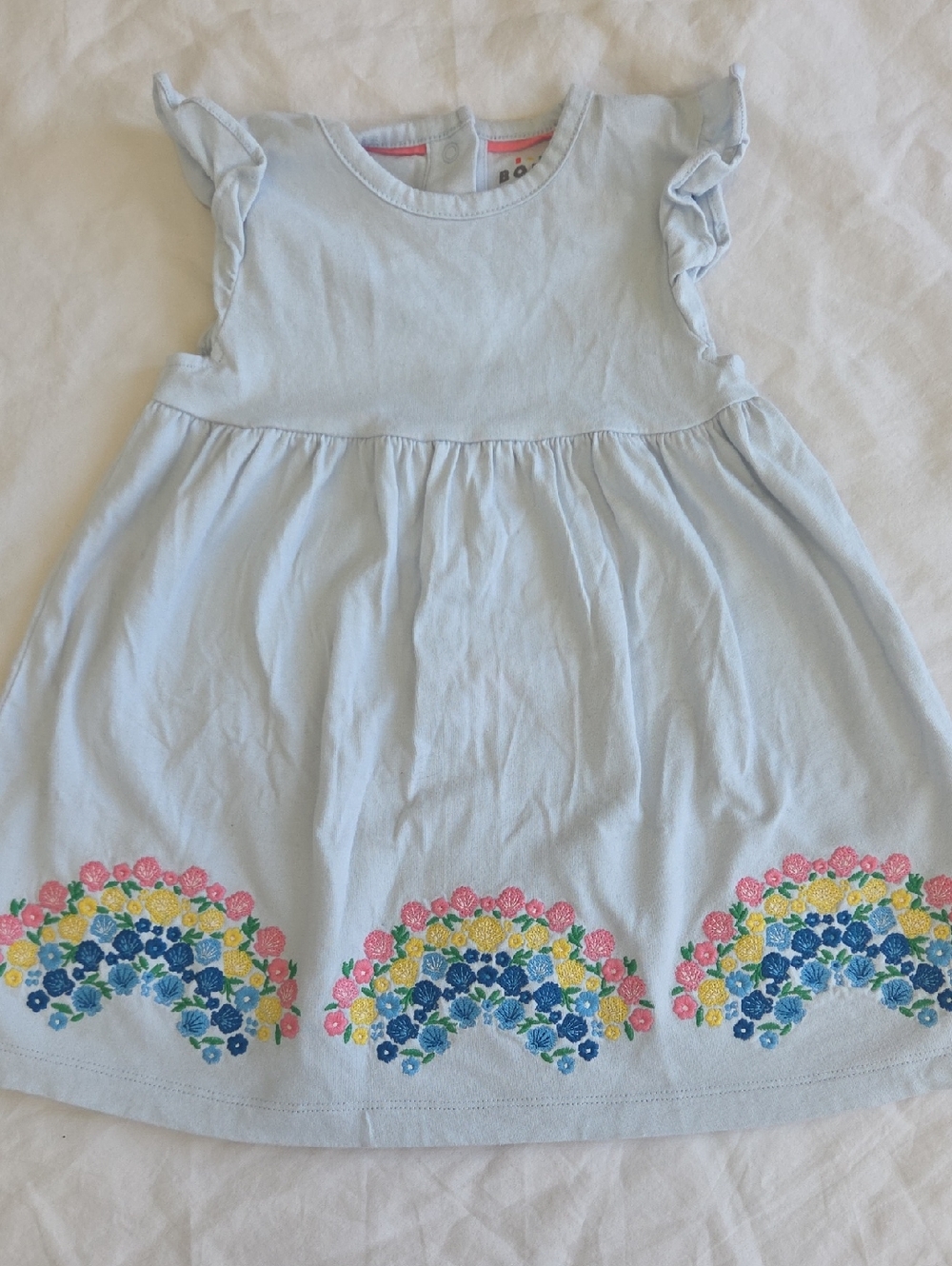 Baby Boden Blue Embroidered Flower Flutter Sleeve Sundress 12-18 Months EUC